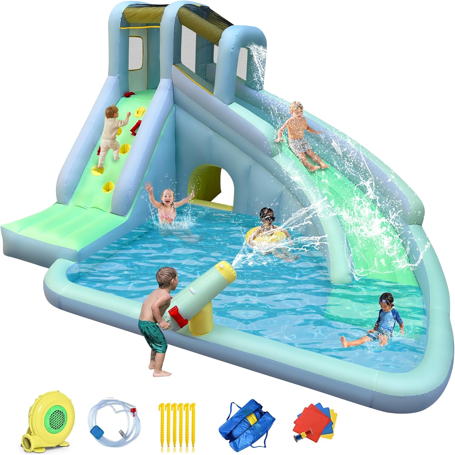 Kids Outdoor House - 6in1 インフレータブルキッズバウンスハウス ウォーターパーク、550W送風機付き、大型スライド、クライミングウォール、スプラッシュプール、ウォーターガン付き、屋外サマーバックヤードパーティーで楽しめる