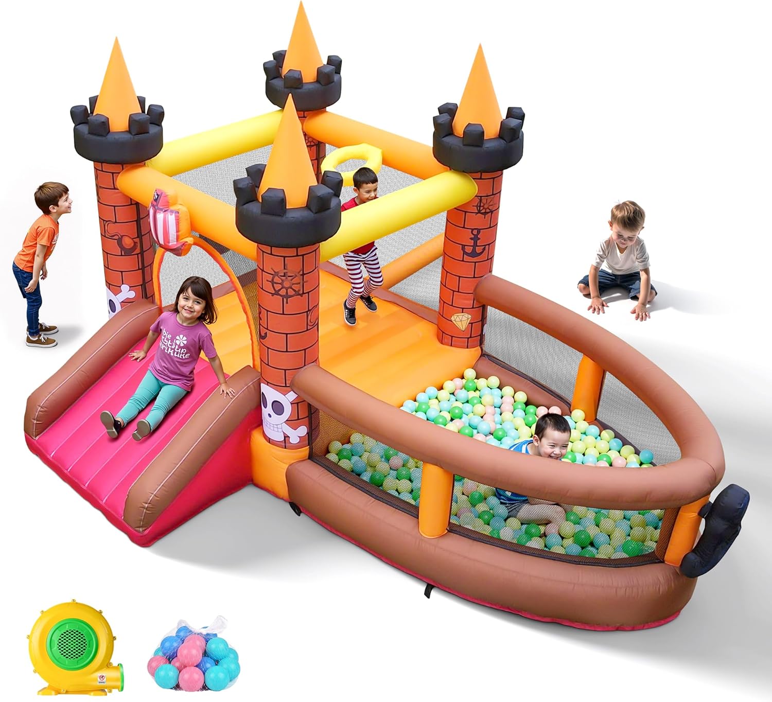 Kids Outdoor House - 子供用インフレータブルバウンスハウス（3～8歳向け）：滑り台付きジャンプバウンシーキャッスル - 480W送風機付き幼児用屋外用ブロワー付きインフレータブルバウンサー