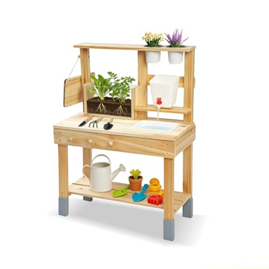 Kids Outdoor Chalkboard - クリアビュープランター付き屋外用キッズポッティングベンチ、天然木色の木製ガーデンステーション、蛇口、黒板付き、Si