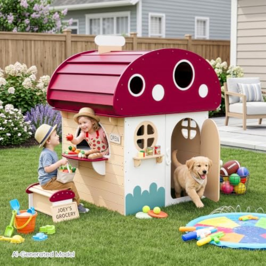Kids Outdoor Chalkboard - 屋外用木製キッズプレイハウス（3～8歳向け）：白い幼児用屋外プレイキッチン（黒板、ハーフドア、ユーティリティテーブル付き）