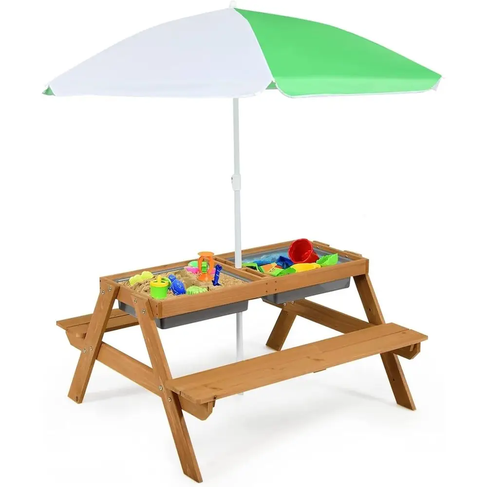 Kids Outdoor Water Table - 4-in-1木製砂場＆水遊びピクニックテーブル、取り外し可能なボックスと傘付き、子供用、屋外裏庭ガーデン家具セット