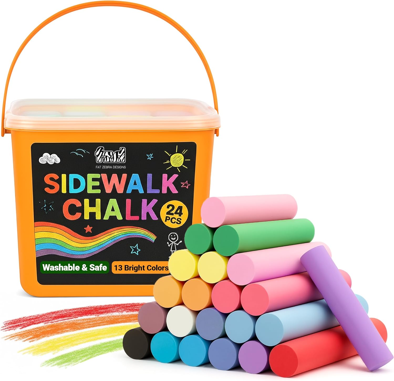 Kids Outdoor Chalkboard - 子供用歩道チョーク24個入り - 13色のジャンボチョーク入りバケツ、屋外遊び、黒板アート、簡単収納