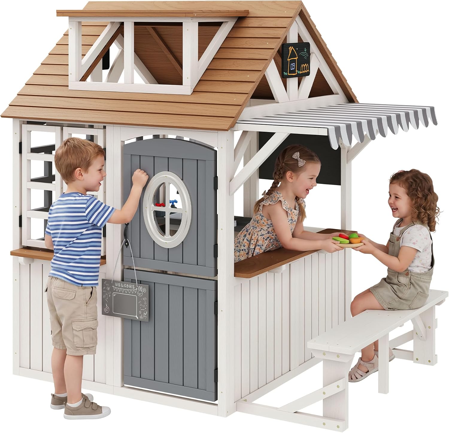 Kids Outdoor Chalkboard - 耐久性のあるモミ材を使用した屋外キッズプレイハウス、防水屋根付き、キッチンセットと黒板付き、カスタムメイド
