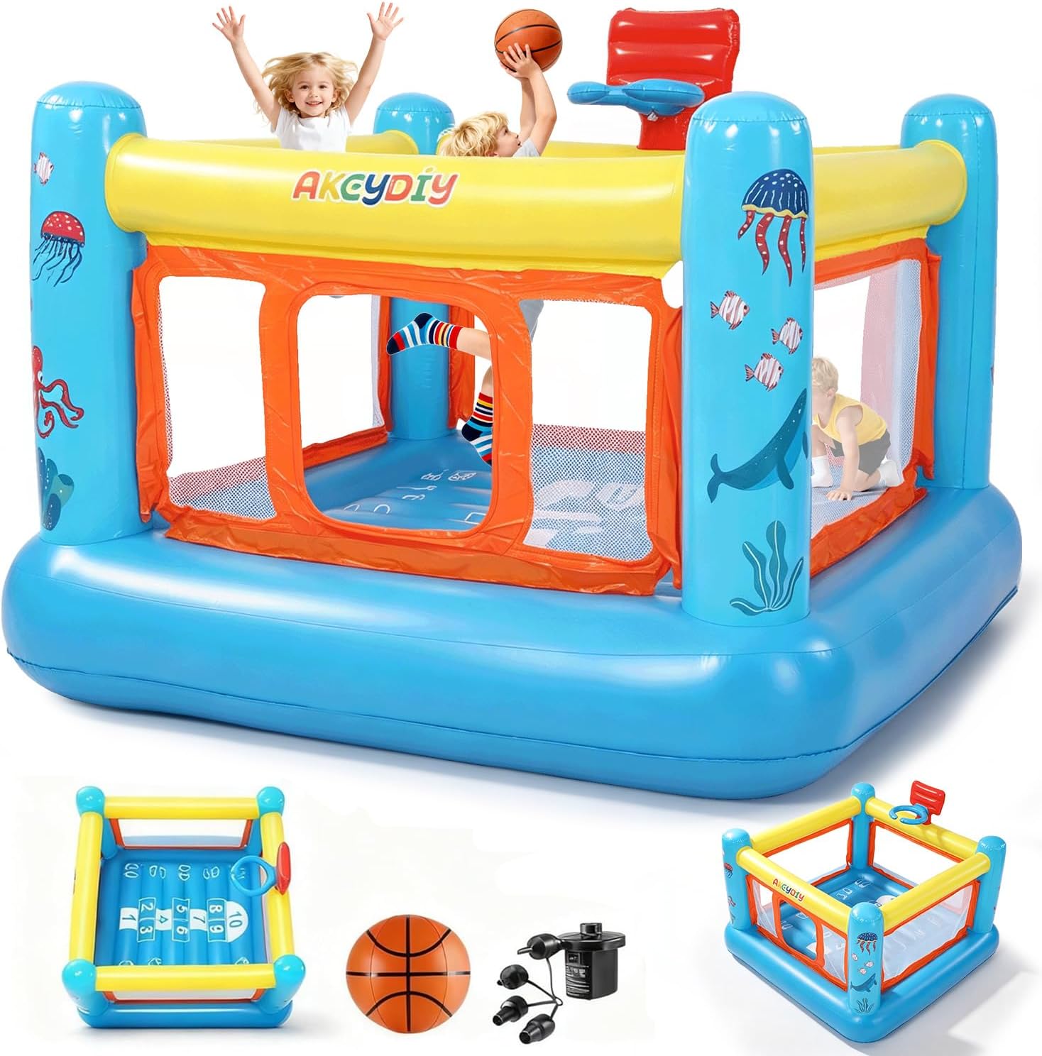 Kids Outdoor House - バウンスハウス、子供用PVC製インフレータブルバウンスハウス（3～6歳向け） | 屋内外兼用幼児用バウンスハウス、バスケットボールフープ付きジャンプキャッスル