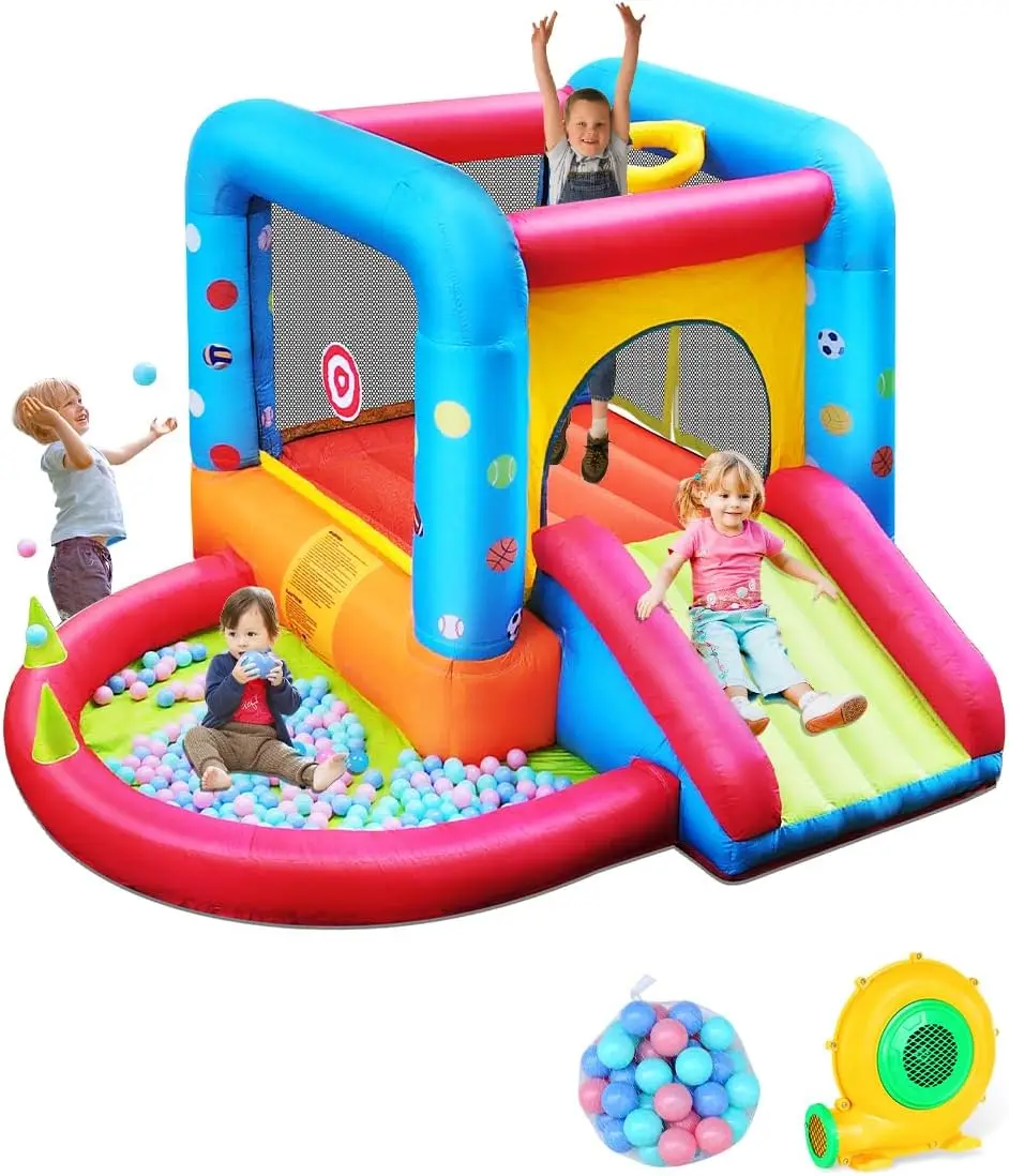 Kids Outdoor House - Step4Fun インフレータブルバウンスハウス、子供用キャッスルスライドバウンサー、屋外および屋内パーティー用、ベビー向け裏庭ウォータージャンプ