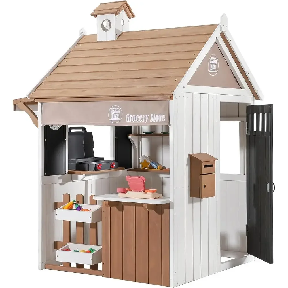 Kids Outdoor Chalkboard - 2-in-1 キッズアウトドアプレイハウス、CeWooden 食料品店と駅、プレイオードのレジ、黒板、郵便受けが含まれています、Imagi