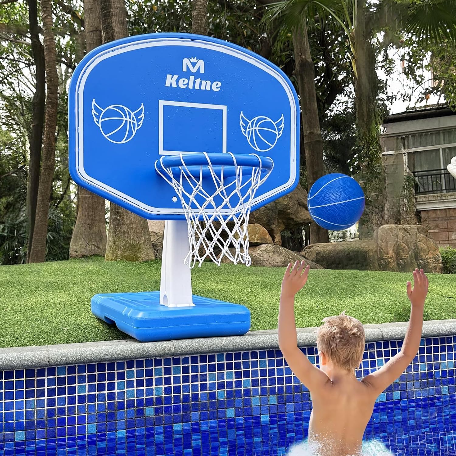Kids Outdoor Fun - 大型スイミングプールバスケットボールフープ、拡張された頑丈なベース付き、プールサイドのバスケットボールゲームに最適、ボール2個とポンプ付き、子供と大人向けの楽しい水遊び、夏の屋外エンターテイメント