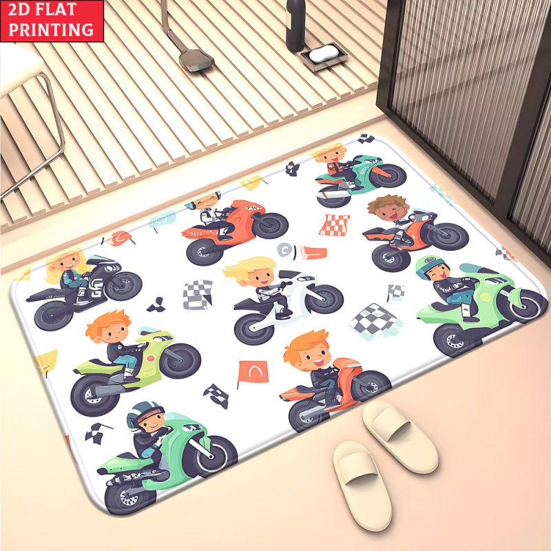 Kids Outdoor Mat Waterproof - VIKAMA 漫画キッズバイクレーサードアマット カラフルなレーシングフラッグ 滑り止め吸収性フロントエントリーフロアマット 男の子の寝室用