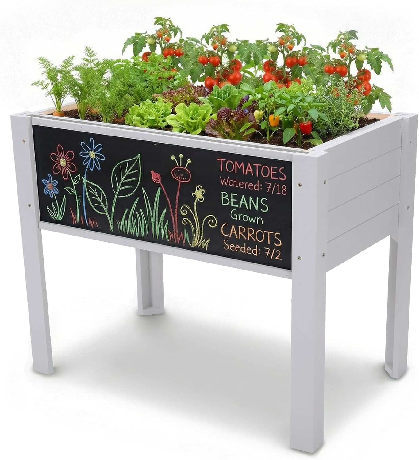 Kids Outdoor Chalkboard - 子供用DIY黒板付き木製高床式菜園、30 x 24 x 18インチ、脚付き屋外プランターボックス、野菜、草、芝生、庭用、ライトグレー