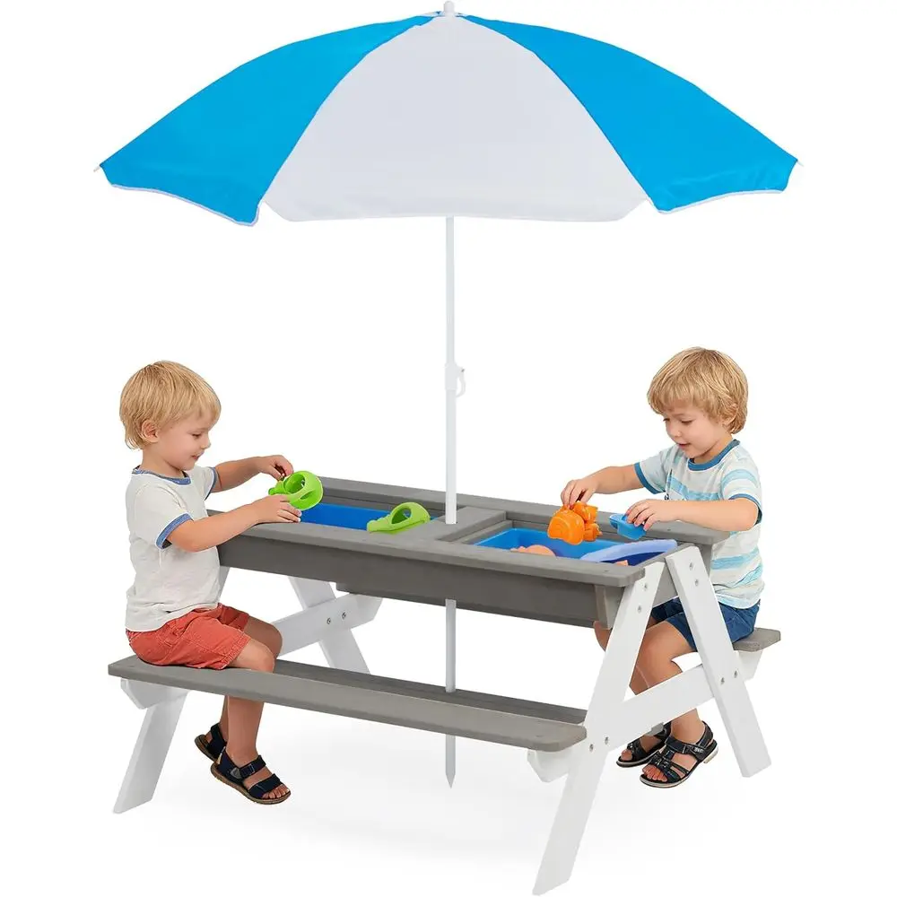 Kids Outdoor Water Table - 子供用3-in-1木製ピクニックテーブル、屋外砂場・水遊び用、4人掛け、傘付き