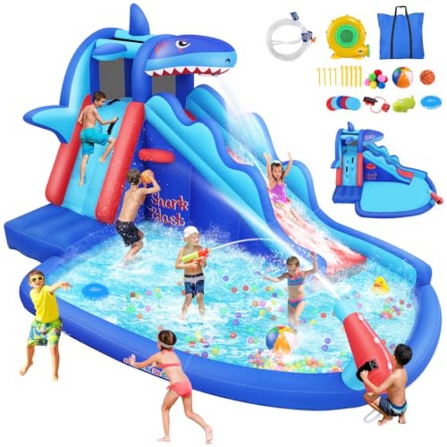 Kids Outdoor House - 屋外/屋内兼用インフレータブルウォータースライドバウンスハウス（3歳～12歳のお子様向け、サメをテーマにした青と黄色、クライミングウォール、ロングスライド付き）