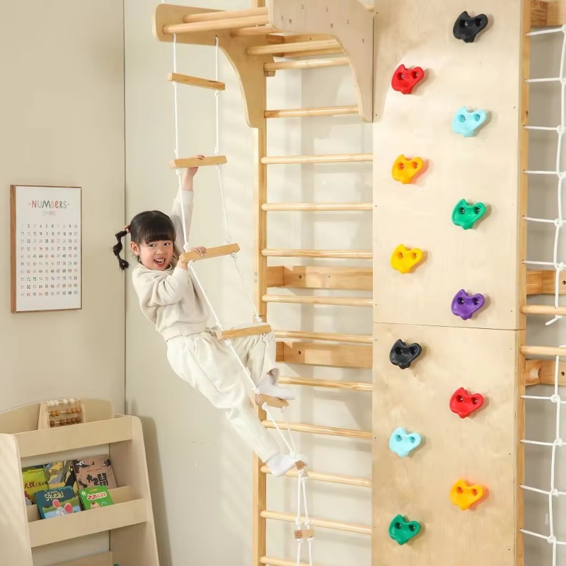 Kids Outdoor Wooden Climbing Frame - 室内用モンキーバー、子供用木製クライミングフレーム、屋外用無垢材壁掛けスウェーデンラダー（幼児向け）