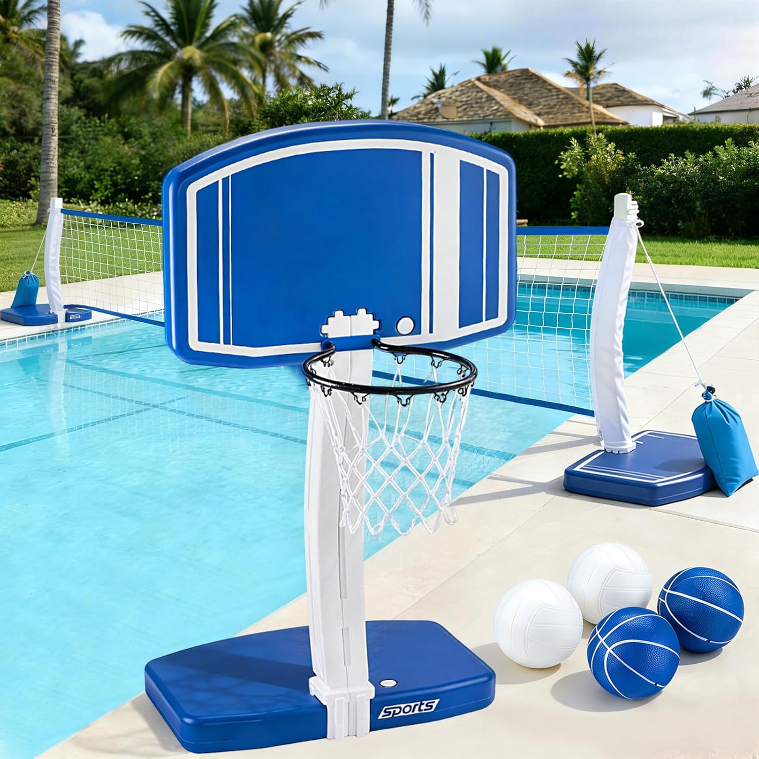 Kids Outdoor Fun - 地上プール用バスケットボールフープとバレーボールネット2-in-1、3歳から12歳の子供、ティーン、大人向けの屋外ウォーターゲーム玩具、家族でプールサイドで夏の楽しみを