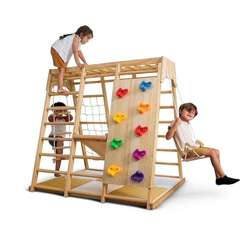 Kids Outdoor Wooden Climbing Frame - 子供用室内遊具ジム設備エクササイズフィットネスホームスライドロープ木製クライミングフレームスイングセット