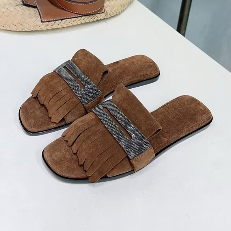 Kids Outdoor Decor - メタルストリングビーズ装飾キッズスエードタッセルフラットボトムスリッパ女性オープントゥレイジーサンダルレディースサマーアウトドアバケーションシューズ