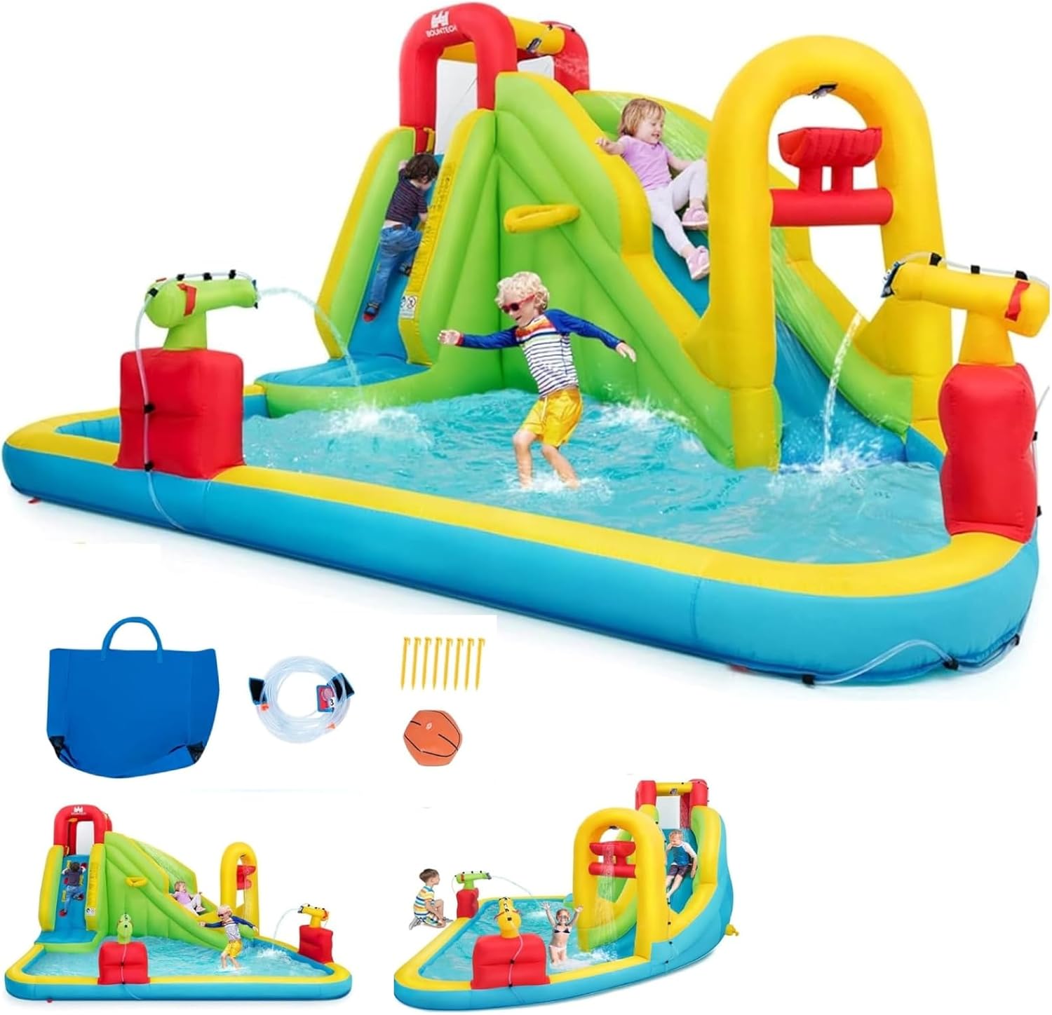 Kids Outdoor Fun - 巨大なインフレータブルウォーターパーク遊具 - 子供用ブロウアップウォータースライド、スプラッシュプール、水遊び場、クライミングウォール付き、屋外裏庭ファミリーファンパーティー用ギフト（5歳～12歳対象）