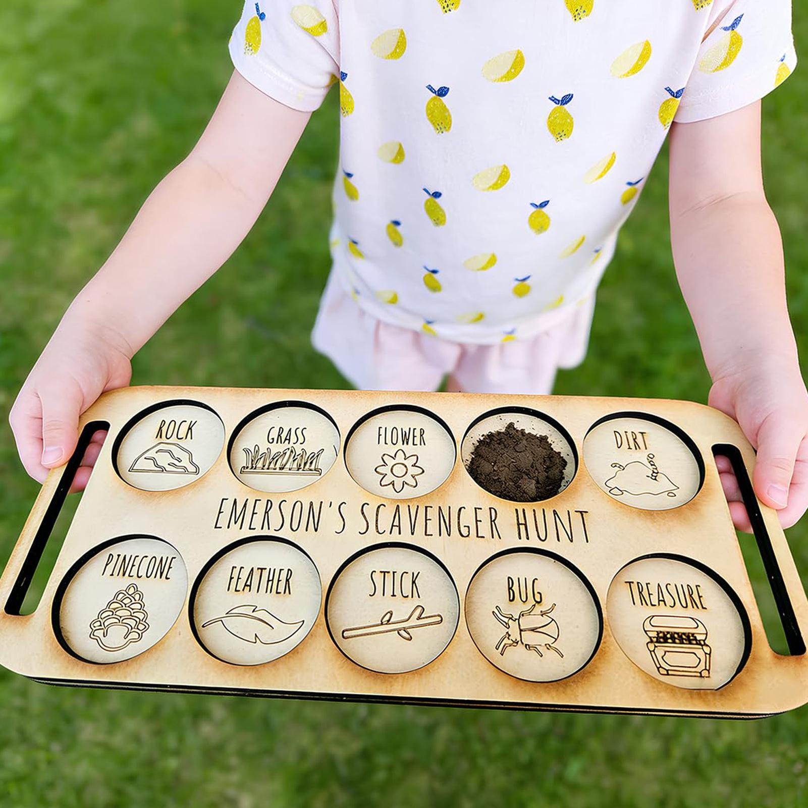Kids Outdoor Nature Scavenger Hunt - 子供向けスカベンジャーハント 木製自然トレイ 屋外スカベンジャーハント キャンプ用 裏庭教育活動 ロードトリップ