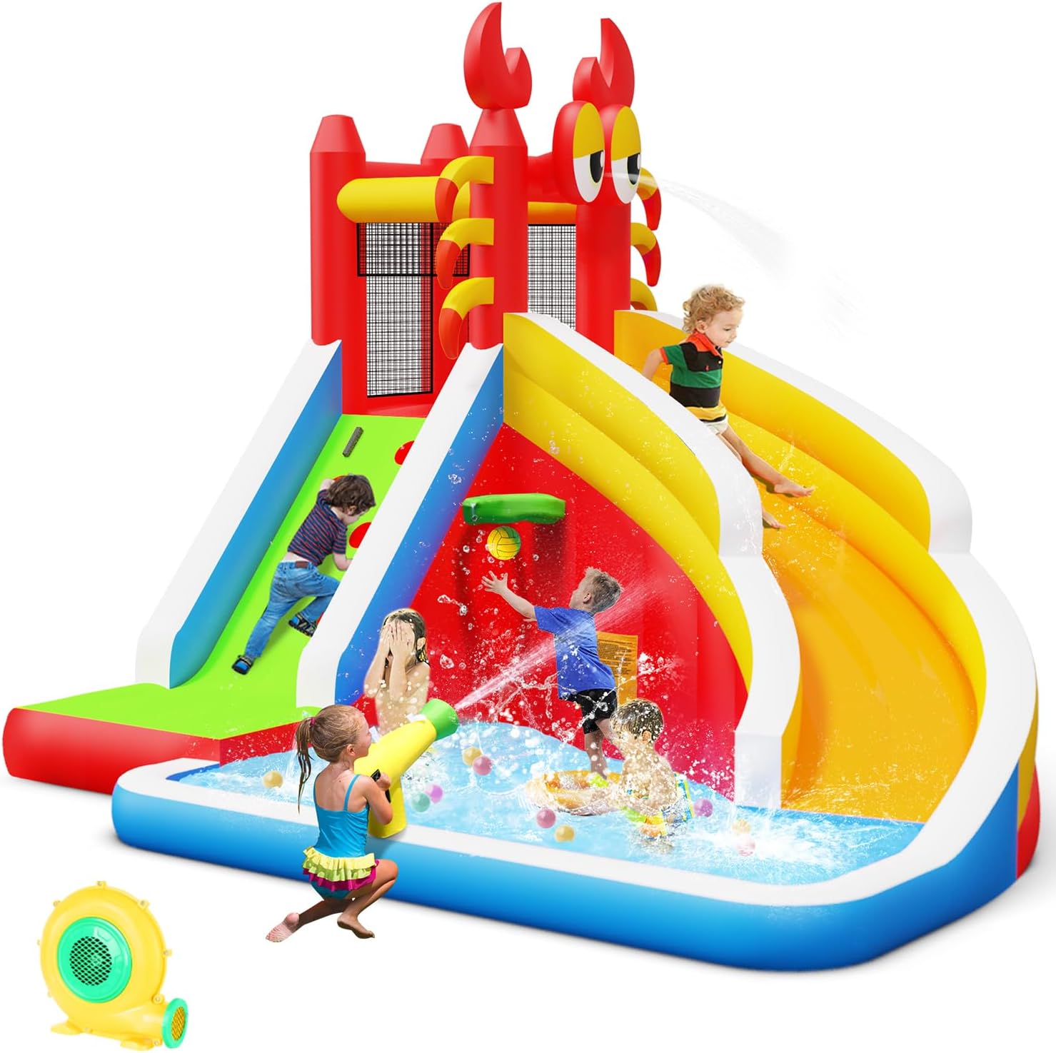 Kids Outdoor House - 子供用大型インフレータブルバウンスハウス（ウォータースライダー付き）- スプラッシュプール、クライミングウォール、バスケットボールフープ、ウォーターガン付き（屋内/屋外裏庭パーティー用）- エアーブロワー、修理キット、キャリーバッグ付き