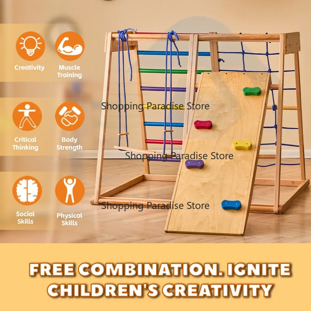 Kids Outdoor Wooden Climbing Frame - 子供用木製レインボークライミングフレーム、屋内遊び場アクティビティクライマー、はしご、ブランコ、滑り台付きプレイセット