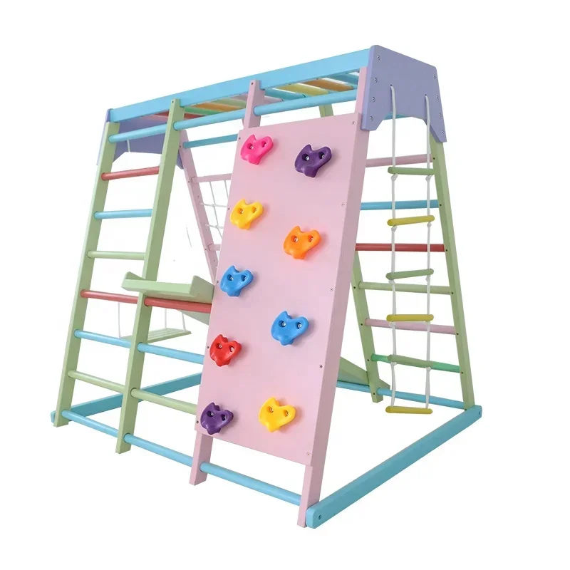 Kids Outdoor Wooden Climbing Frame - 子供用木製クライミングフレーム屋内セット、ブランコ、滑り台、ジャングルジム付き、家庭用および学校用屋外遊具