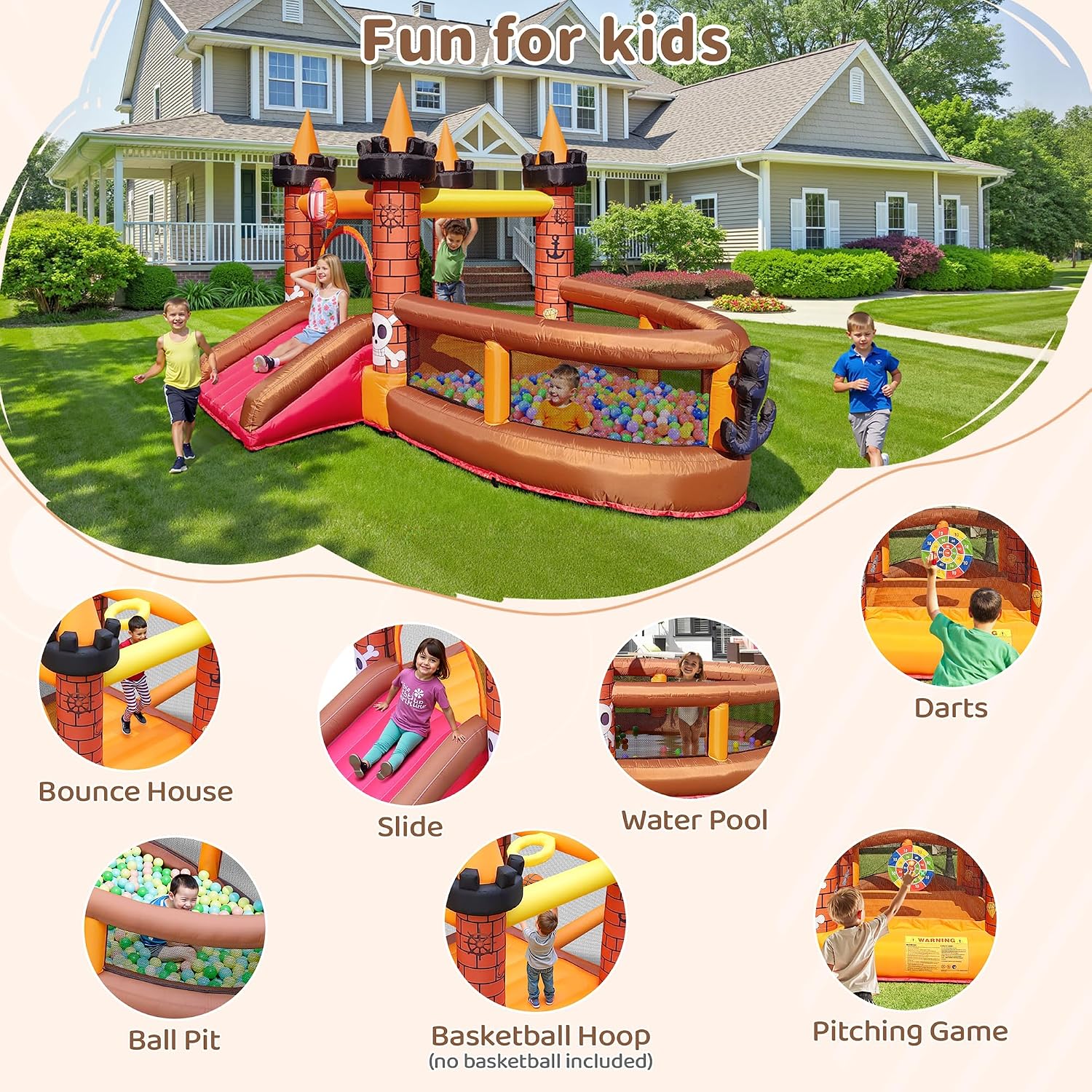 子供用インフレータブルバウンスハウス（3～8歳向け）：滑り台 - Kids Outdoor House のレビューと価格