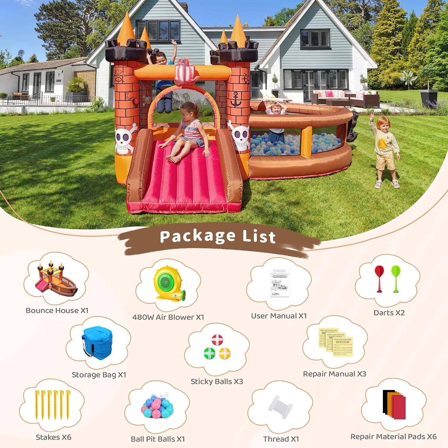 子供用インフレータブルバウンスハウス（3～8歳向け）：滑り台 - Kids Outdoor House のレビューと価格
