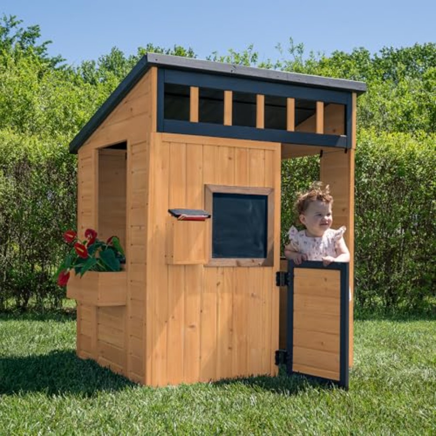 屋外用子供用プレイハウス：杉材、白灰色、モダンな農家風デザイ - Kids Outdoor Chalkboard のレビューと価格
