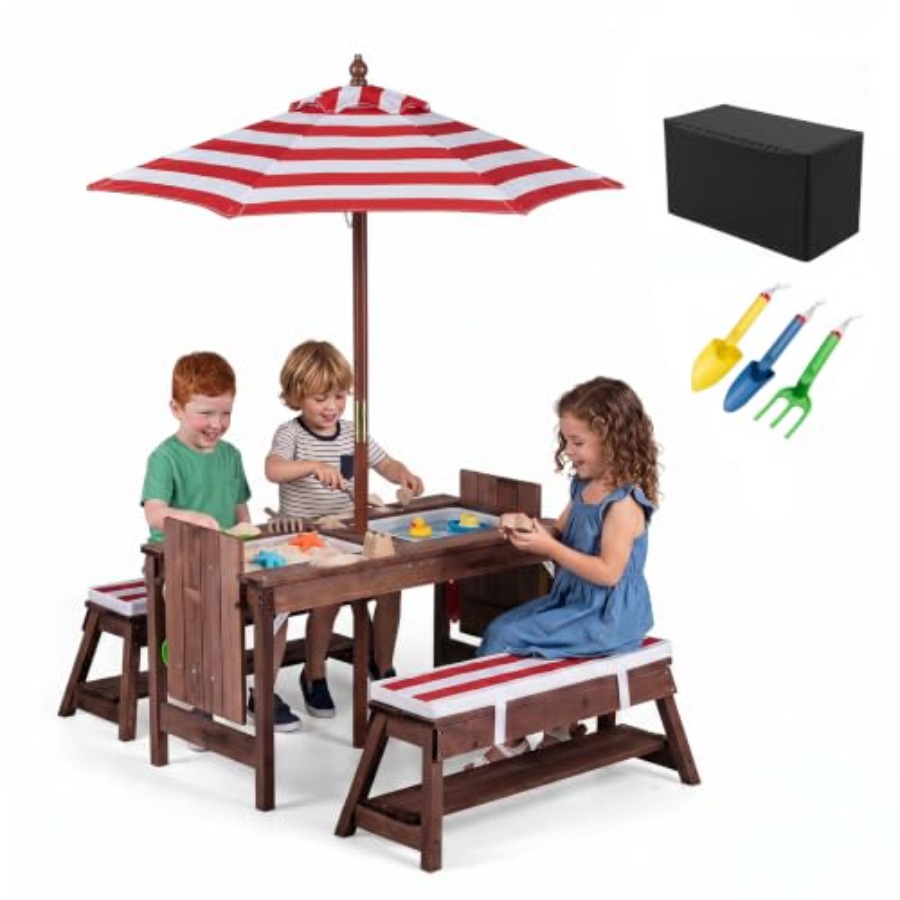 屋外用子供用ピクニックテーブル、パティオや裏庭に最適、木製、 - Kids Outdoor Water Table のレビューと価格