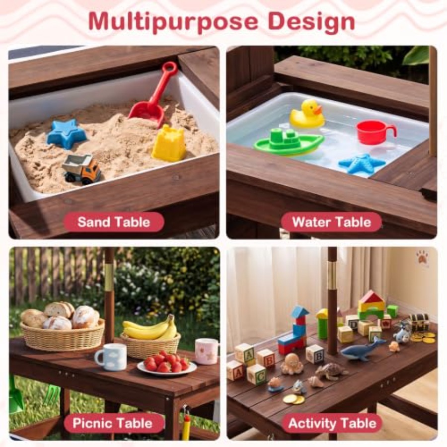 屋外用子供用ピクニックテーブル、パティオや裏庭に最適、木製、 - Kids Outdoor Water Table のレビューと価格