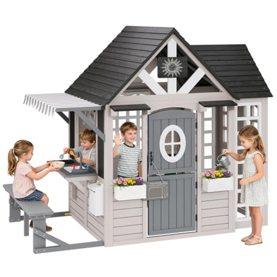 3歳から8歳向けの屋外木製プレイハウス：天然木仕上げ、ベージ - Kids Outdoor Chalkboard のレビューと価格