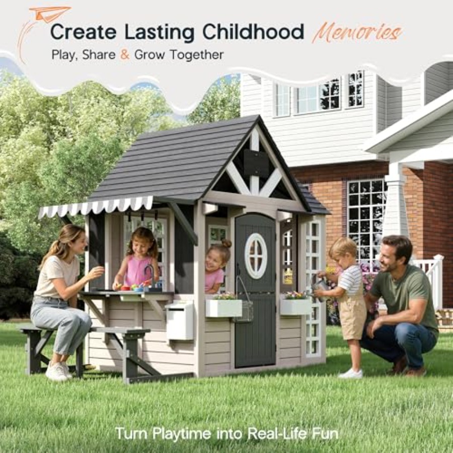 3歳から8歳向けの屋外木製プレイハウス：天然木仕上げ、ベージ - Kids Outdoor Chalkboard のレビューと価格